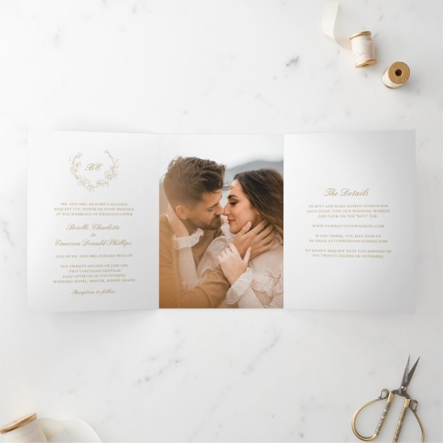 Gold Wreath Monogram Elegant Wedding Tri-Fold Invitation (Inside)