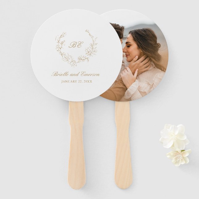 Gold Wreath Monogram Photo Elegant Wedding Hand Fan (Front and Back)