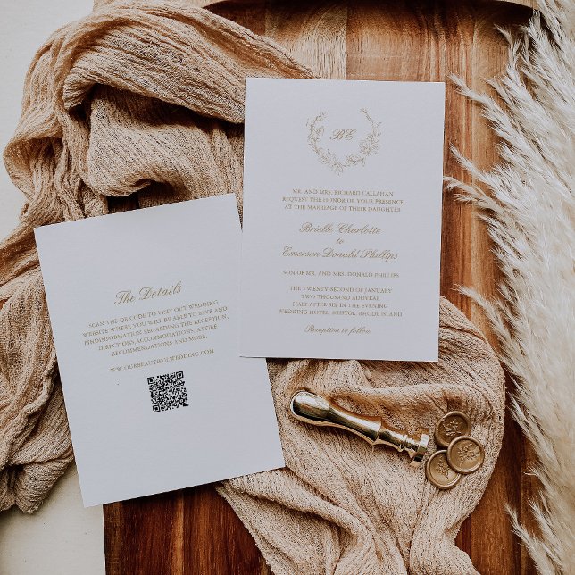 Gold Wreath Monogram QR Code Elegant Wedding Invitation (Creator Uploaded)