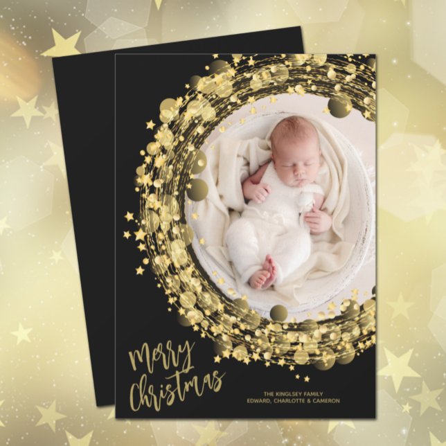 Gold Wreath on Black Merry Christmas Photo Holiday Card (Creator Uploaded)