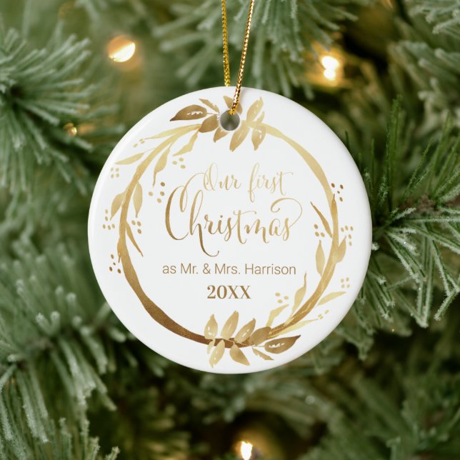 Gold Wreath | Our 1st Christmas as Mr & Mrs Photo Ceramic Ornament (Tree)