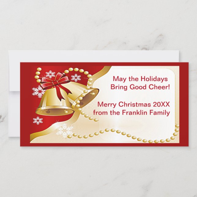 Gold XMas Bells, Beads and Snowflakes Photo Card (Front)