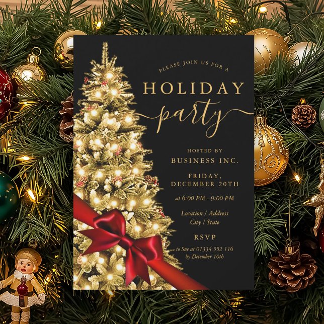 Gold Xmas Tree Red Bow Corporate Holiday Party  Invitation (Gold Xmas Tree Red Bow Corporate Holiday Party Invitation)