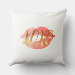 Gold XOXO Watercolor Lips Throw Pillow