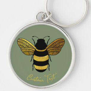 GOLD YELLOW BLACK BUMBLEBEE CALLIGRAPHY TEXT BEE KEYCHAIN