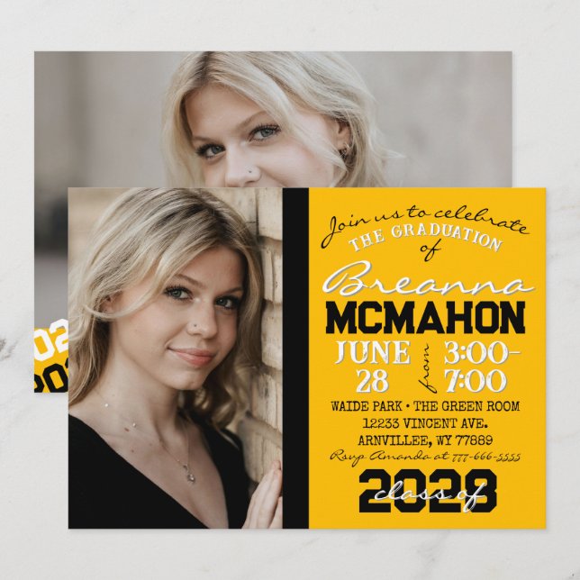 Gold Yellow & Black Graduation 2 Invitation photo (Devant / Derrière)