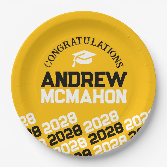Gold Yellow & Black Half Repeat Grad Personalized Paper Plate (Front)