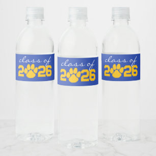 Gold Yellow & Blue Paw Print Graduation Water Bottle Label
