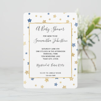 Gold Yellow Blue Stars Baby Shower Invitation