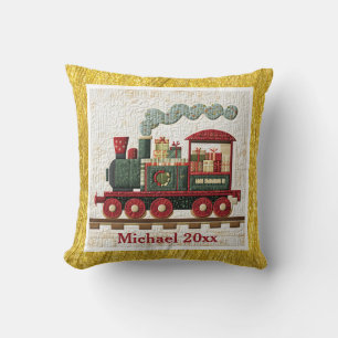 Gold/Yellow Border Holiday Engine Family Gift Throw Pillow