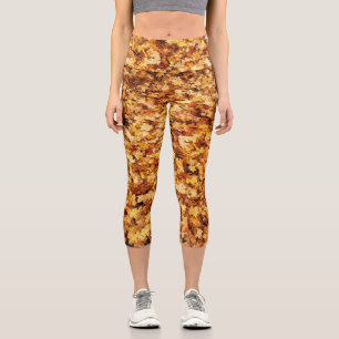 Gold yellow fall maple leaves Capri Leggings