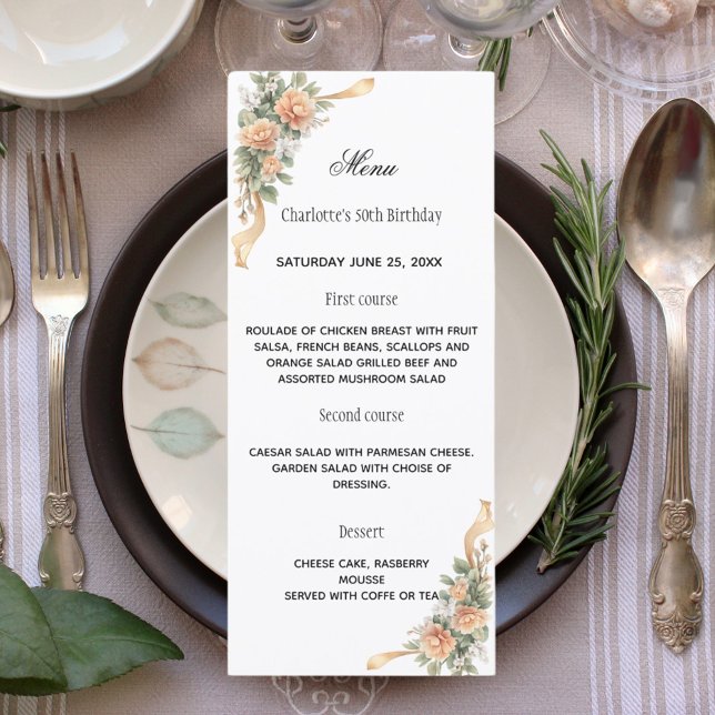 Gold yellow florals ribbon dinner menu (Creator Uploaded)