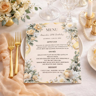 Gold yellow florals ribbon wedding menu card