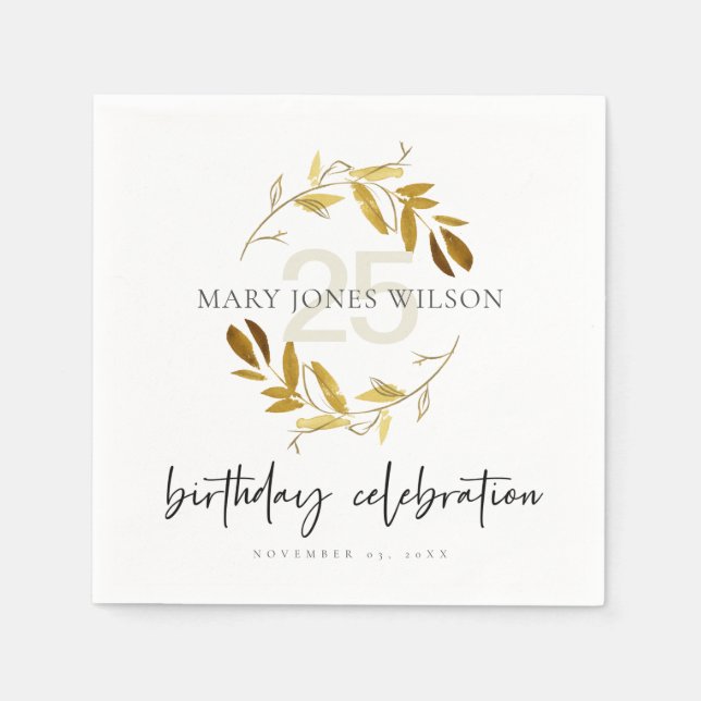 GOLD YELLOW FOLIAGE WREATH ANY AGE 25TH  BIRTHDAY NAPKIN (Front)