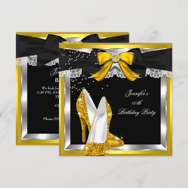 Gold Yellow Glitter High Heel Silve Birthday Party Invitation (Front/Back)