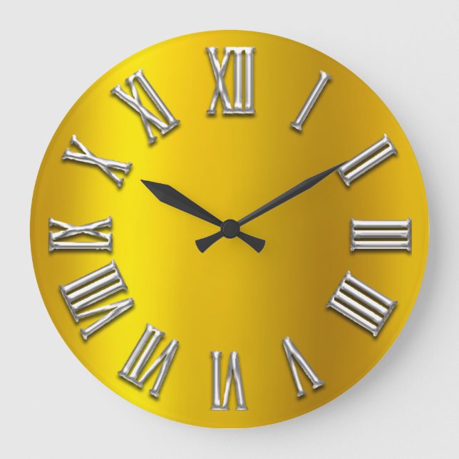 Gold Yellow Grey Metal Grey Silver Roman Number Large Clock (Front)
