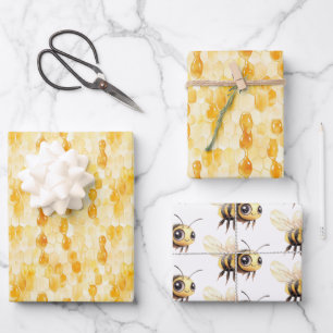 Gold Yellow Honey Bees Birthday Wrapping Paper Sheet