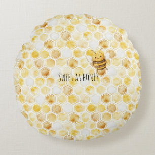 Gold Yellow Honeycomb Sweet Cute Honey Bee Round Pillow
