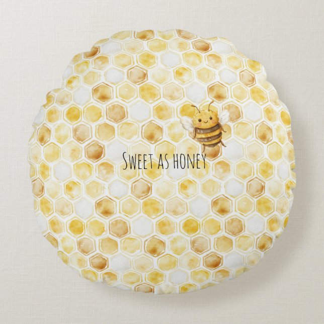 Gold Yellow Honeycomb Sweet Cute Honey Bee Round Pillow (Front)