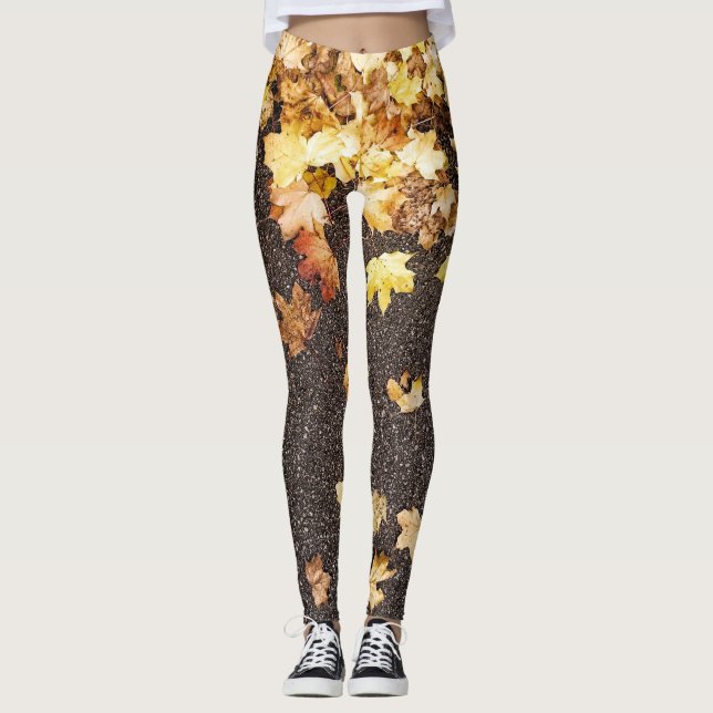 Gold yellow maple leaves autumn asphalt road leggings (Front)