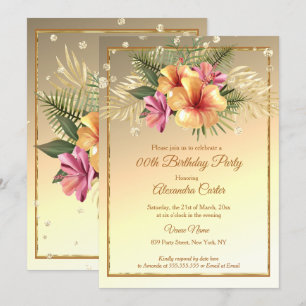 Gold yellow Pink Sepia Hibiscus Birthday Party Invitation