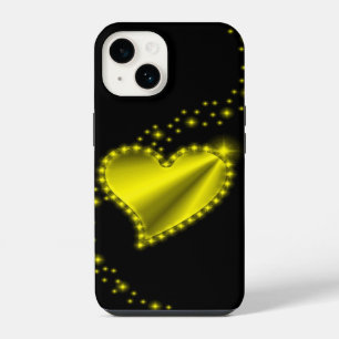 Gold yellow Rainbow Heart with Stars on black iPhone 14 Case