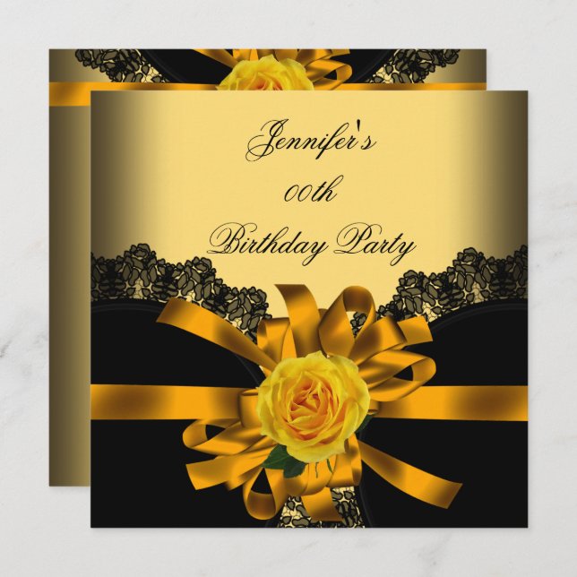 Gold Yellow Rose Black Lace Birthday Party Invitation (Front/Back)