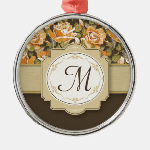 Gold Yellow Roses on Brown with Monogram Metal Ornament