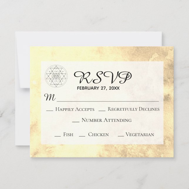 *~* Gold Yellow Sacred Geometry Watercolor Wedding RSVP Card (Front)