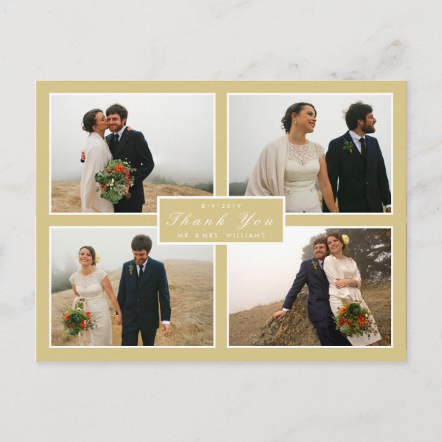 Gold Yellow Thank You Wedding 4 Photo Postcard (Front)