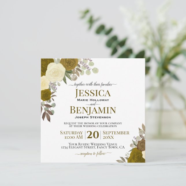 Gold & Yellow Watercolor Roses Elegant Wedding Invitation (Standing Front)