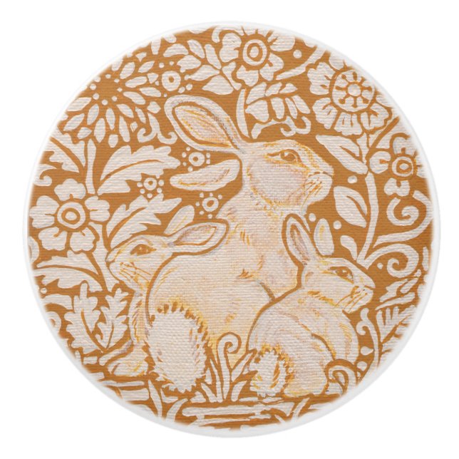 Gold Yellow White Rabbit Family Drawer Door Knob (Front)
