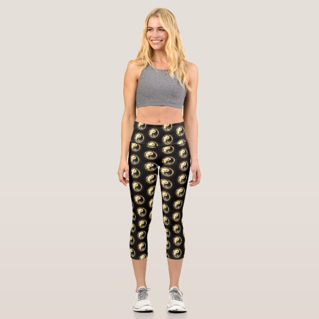 Gold Yin Yang on black Capri Leggings (Front)