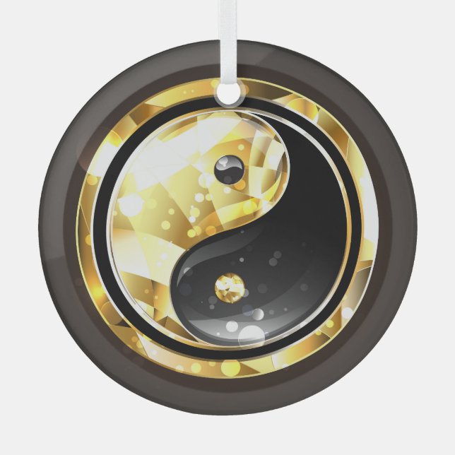 Gold Yin Yang on black Glass Ornament (Front)