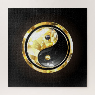Gold Yin Yang on black Jigsaw Puzzle