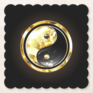 Gold Yin Yang on black Paper Coaster