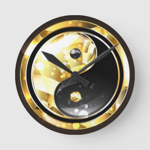 Gold Yin Yang on black Round Clock