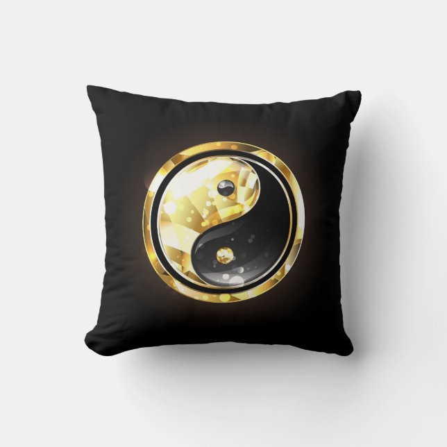 Gold Yin Yang on black Throw Pillow (Front)