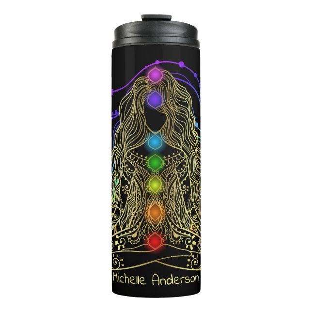 Gold Yoga Girl with Colourful Chakra Travel Mug (Front)