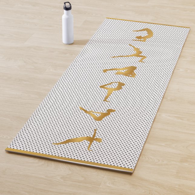 Gold Yoga Pose Silhouettes on Black Pattern Yoga Mat (In Situ)