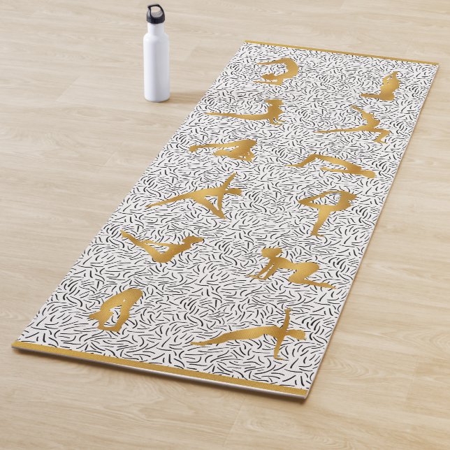 Gold Yoga Pose Silhouettes on Black & White Yoga Mat (In Situ)