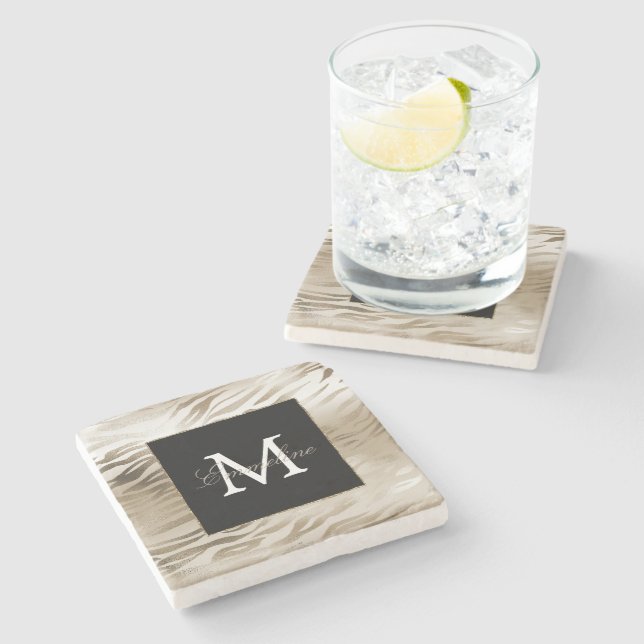 Gold Zebra Animal Print Monogram      Stone Coaster (Side)