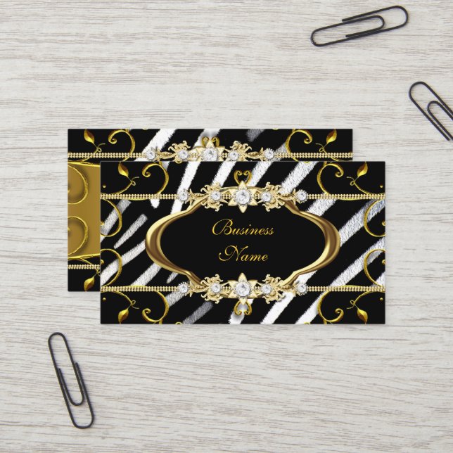 Gold Zebra Black White Jewel Image Business Card (Front/Back In Situ)