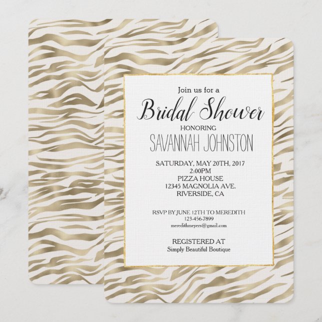 Gold Zebra Print Bridal Shower Invitation (Front/Back)