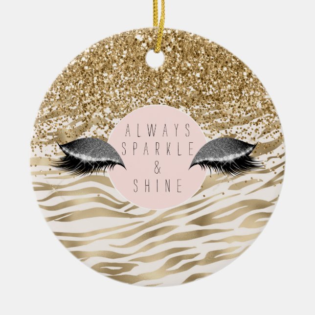 Gold Zebra Print Glitzy Eyes Ceramic Ornament (Front)