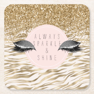 Gold Zebra Print Glitzy Eyes Square Paper Coaster
