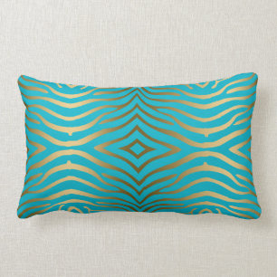 Gold Zebra Print On Turquoise Blue Lumbar Pillow