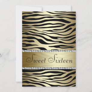 Gold Zebra Print with Faux Jewels Sweet Sixteen Invitation