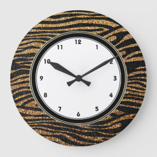 Gold zebra stripes print (faux glitter bling) large clock