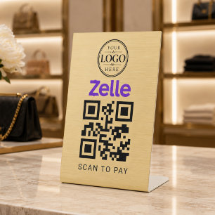 Gold Zelle Scan to Pay Tabletop Display Pedestal Sign